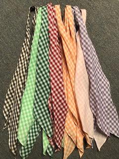 A group of CLEARANCE Gingham Scarf Ties 1/4&quot; in different colors laid out on a carpet, readily available in stock.