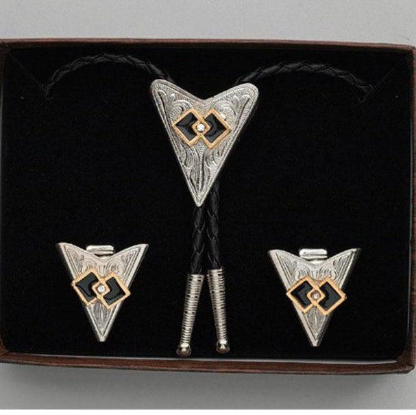 Interlocking Squares & Austrian Crystal Bolo Tie & Collar Tip Set, Collar Tips - Square Up Fashions