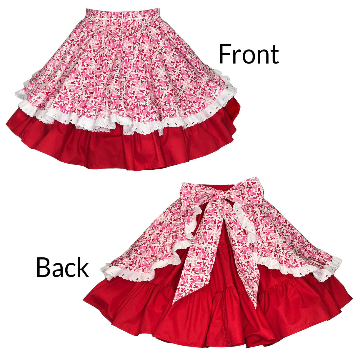 A pair of red and white Pink Ribbon Aprons with ruffles and pink ribbons by Square Up Fashions.