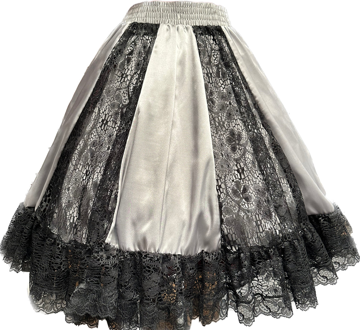A black and white lace-trimmed Charmeuse Square Dance Skirt made by Square Up Fashions.