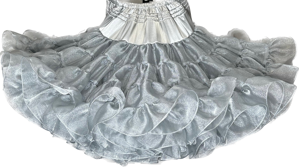 A Crystal Petticoat by Square Up Fashions, a silver ruffled skirt with an adjustable slip length on a white background.