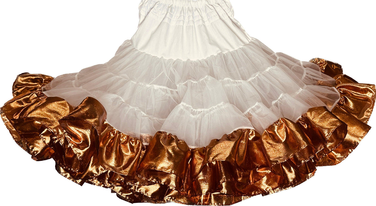 A Combo Metallic Petticoat skirt with ruffles, perfect for a square dance outfit, from Square Up Fashions.