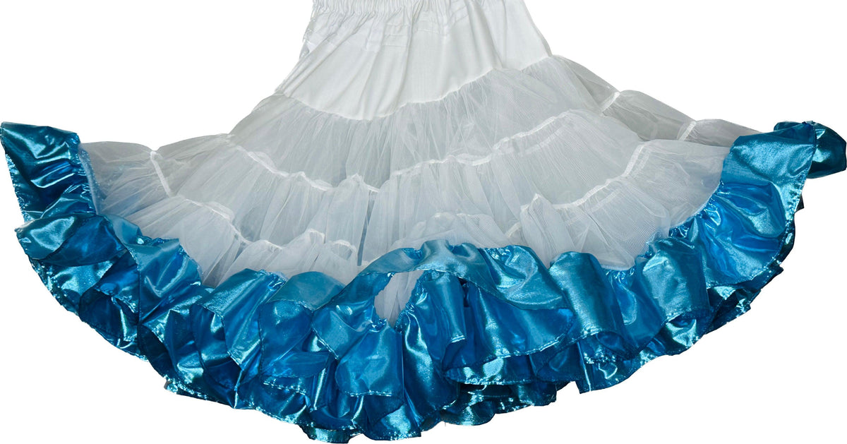 A white and blue ruffled Combo Metallic Petticoat made of fabric on a white background by Square Up Fashions.