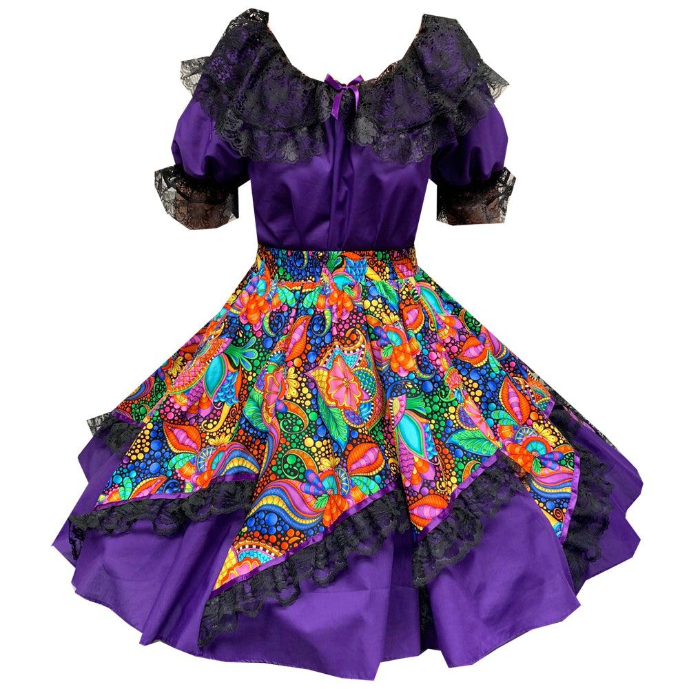 square dance dress Dancing Emmy Couture is finished off with the satin matching ribbon to show off the pinwheel design vintage 1960s red square dance