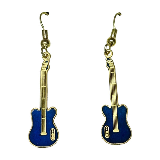 A pair of blue and gold, music-themed Guitar Dangle Earrings graces a card labeled "Square Up Fashions," capturing the essence of Western jewelry with their intricate design.
