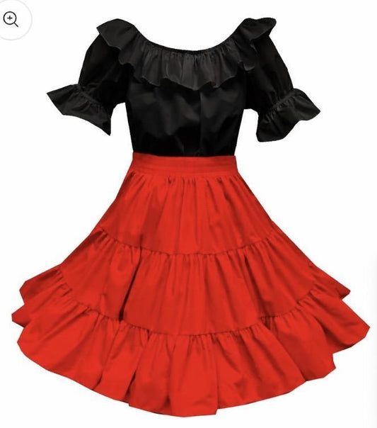 A wardrobe essential from Square Up Fashions: the Basic Square Dance Outfit w/Black Blouse pairs a ruffled black off-the-shoulder top with a striking, 3-tiered red flared skirt.