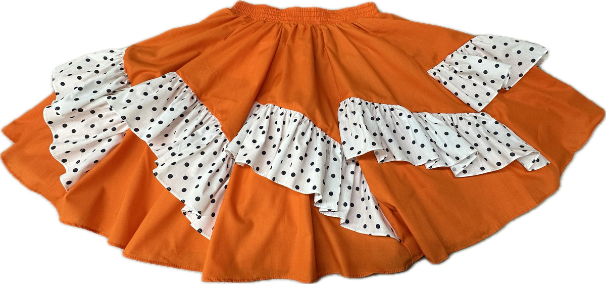 Diagonal Pinwheel Square Dance Skirt with vibrant white polka-dotted print ruffle accents from Square Up Fashions.