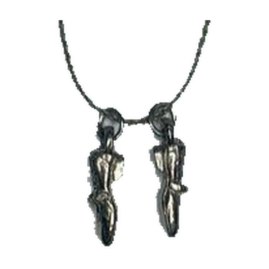 The Silver Dance Shoes Necklace by Square Up Fashions features two silver ballet shoe charms side by side—ideal for dance lovers or as a unique square dance jewelry piece.