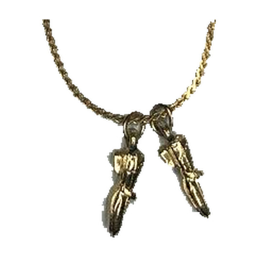 The Gold Dance Shoes Necklace by Square Up Fashions features two delicate gold ballet shoe charms—an ideal dance shoes necklace for any dancer.