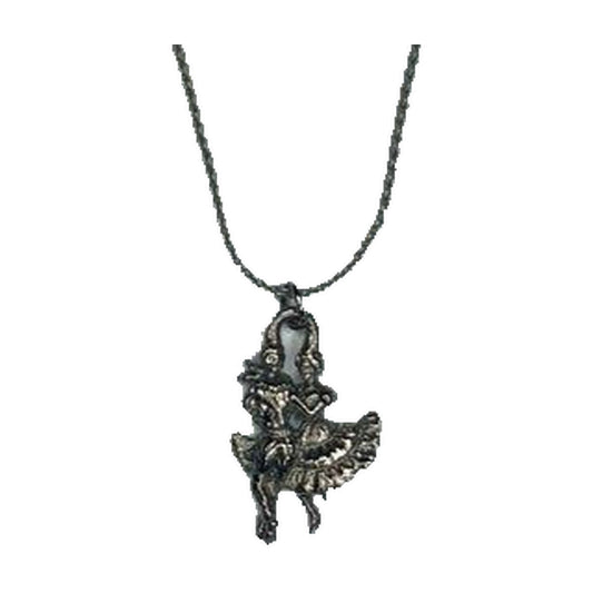 The Silver Dancers Necklace by Square Up Fashions features two dancers in traditional attire on a silver pendant, elegantly hung from an 18-inch chain.
