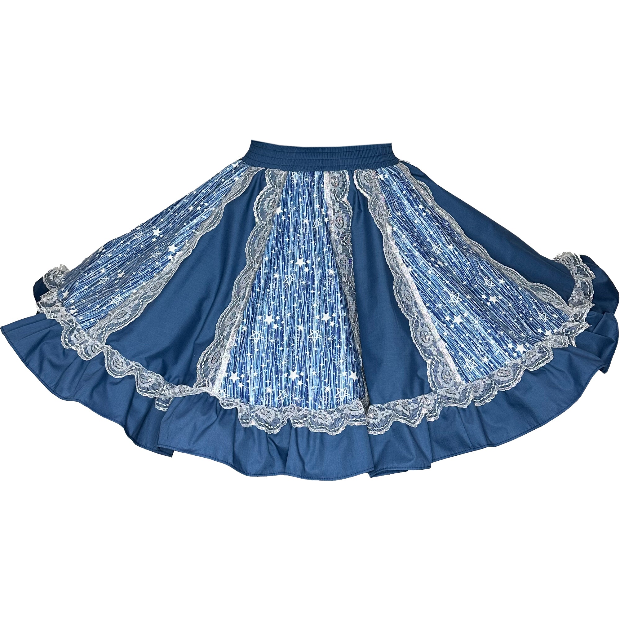 A blue and white Starry Night Fancy Square Dance Skirt with stars on a printed fabric by Square Up Fashions.