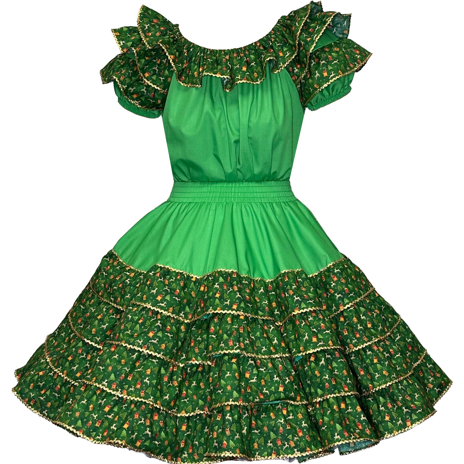 The Reindeer Ruffle Holiday Outfit by Square Up Fashions is a green short-sleeved dress with a ruffled neckline, tiered ruffle skirt, floral pattern, and yellow trim—perfect for festive Christmas celebrations.