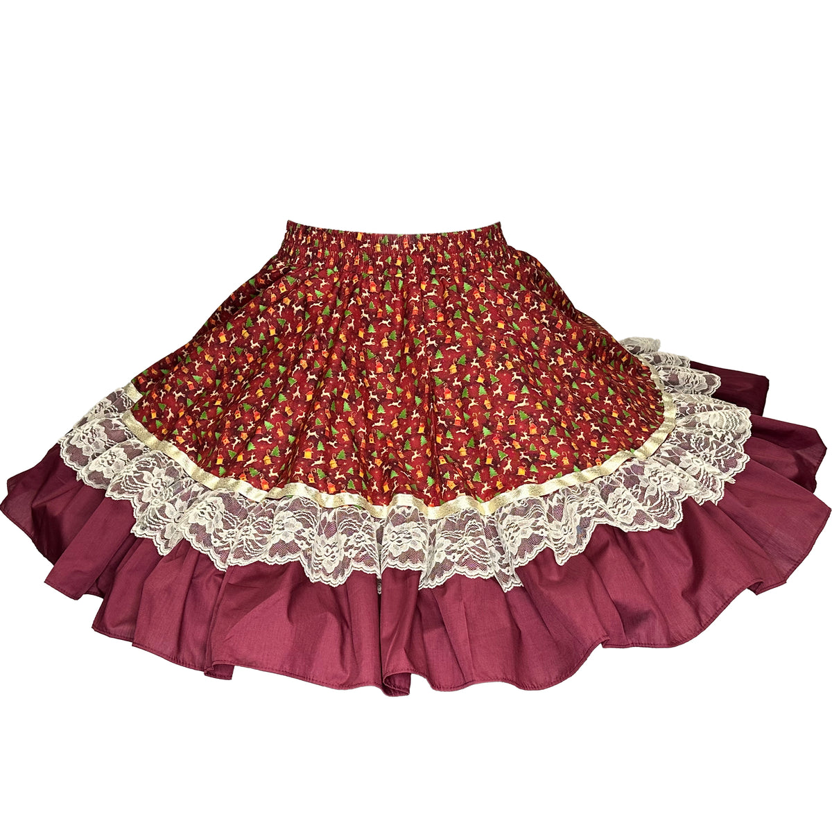 A Reindeer Square Dance Skirt with lace trim.