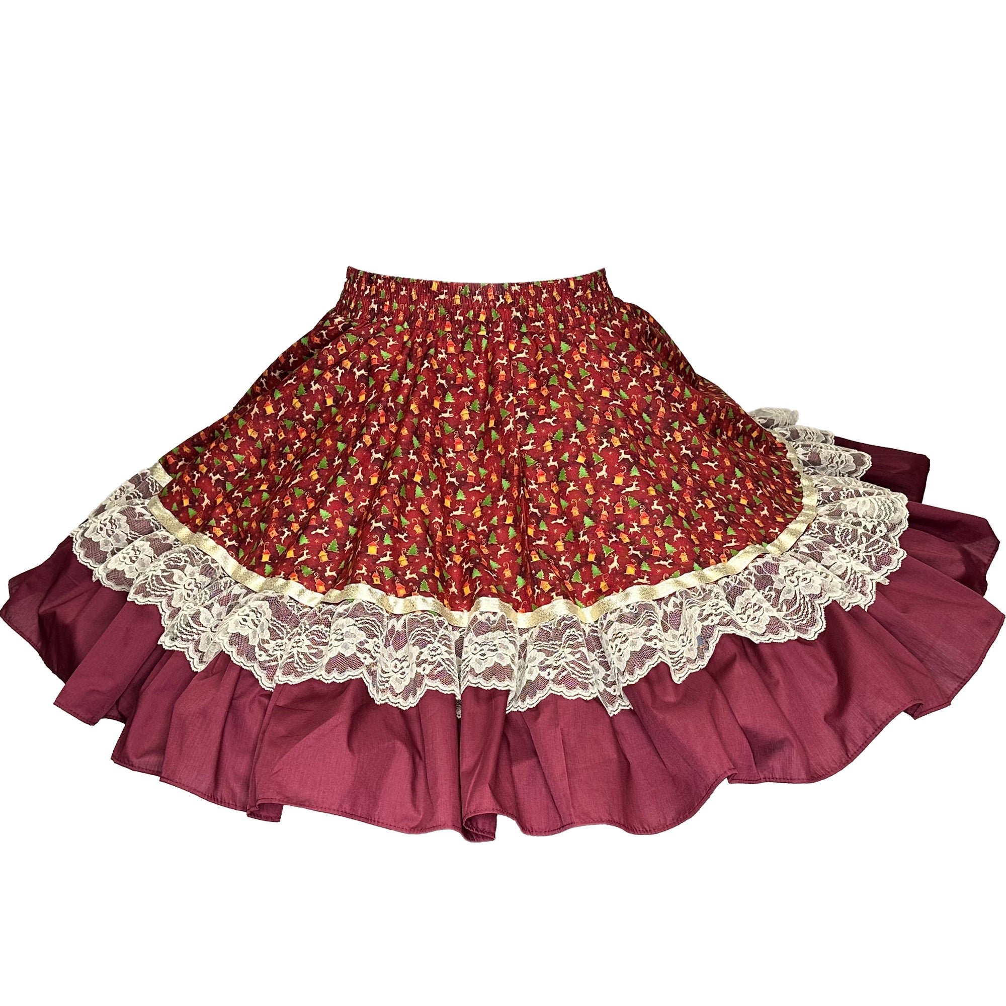A Reindeer Square Dance Skirt in red and white, perfect for a Christmas outfit from Square Up Fashions.