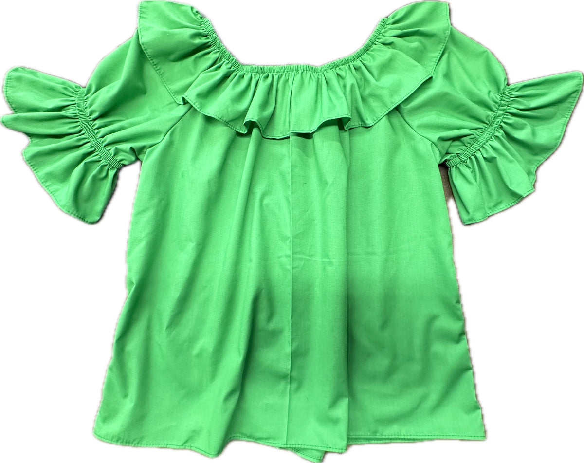 Green scoop neck blouse with ruffle collar and short sleeves by Square Up Fashions.