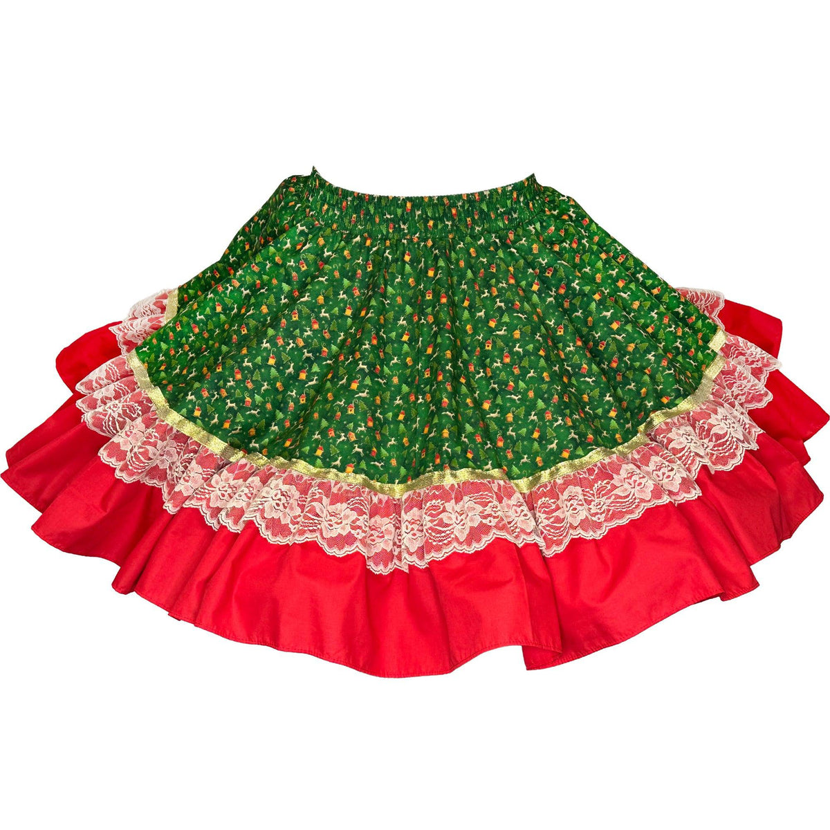 A Reindeer Square Dance Skirt with lace trim in festive green and red from Square Up Fashions.