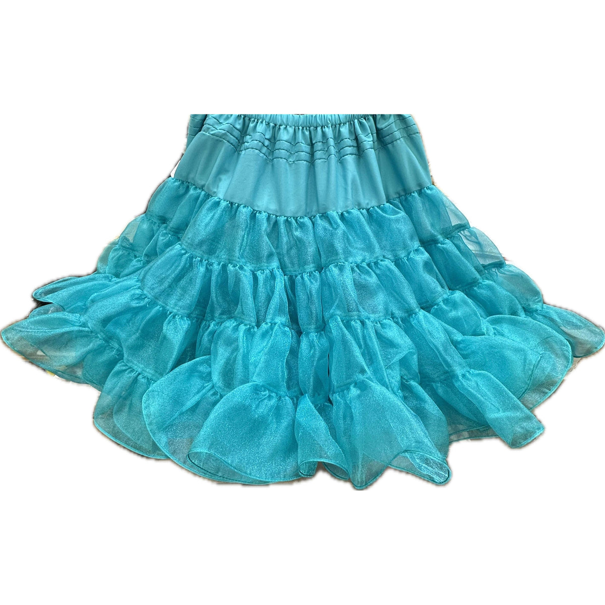 The Square Up Fashions Crystal Petticoat is a turquoise, multi-layered ruffle skirt with an elastic waistband, crafted from shiny sheer fabric and featuring a crystal fabric petticoat for extra volume.