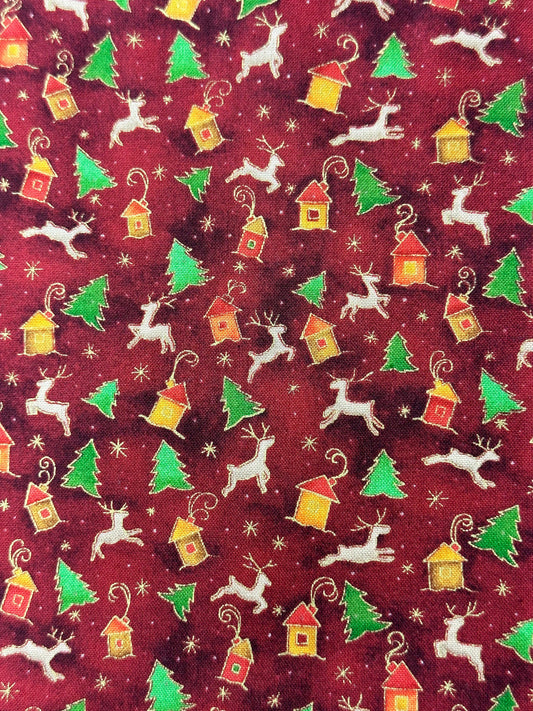 A Reindeer Square Dance Skirt with a Christmas-themed print of reindeer and houses by Square Up Fashions.
