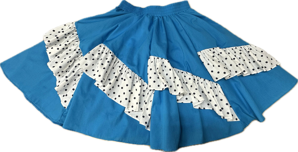 Blue Diagonal Pinwheel Square Dance Skirt with white polka-dotted ruffles, featuring a vibrant diagonal cut, on a white background by Square Up Fashions.