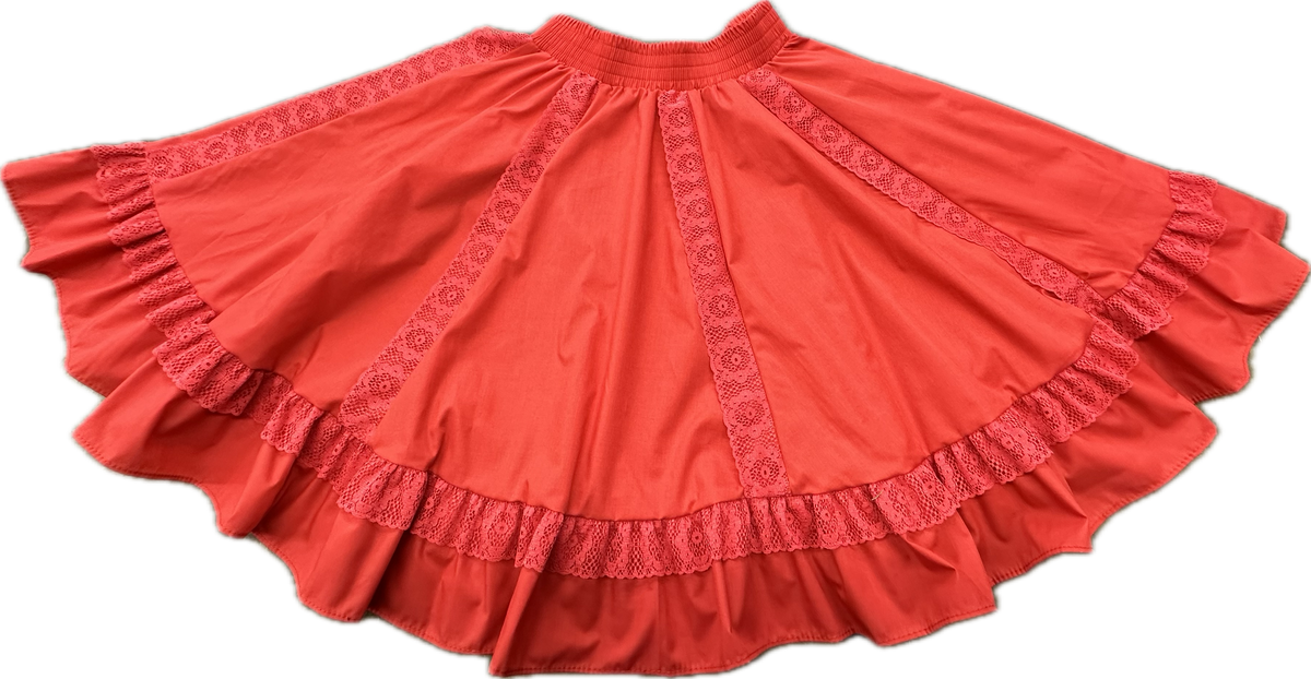 Red 8 Gore Lace Square Dance Skirt with ruffles and custom lace details on a black background by Square Up Fashions.