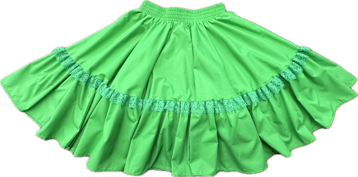 Bright green Circle Skirt w/ lace Square Dance Skirt with a ruffled hemline on a black background by Square Up Fashions.
