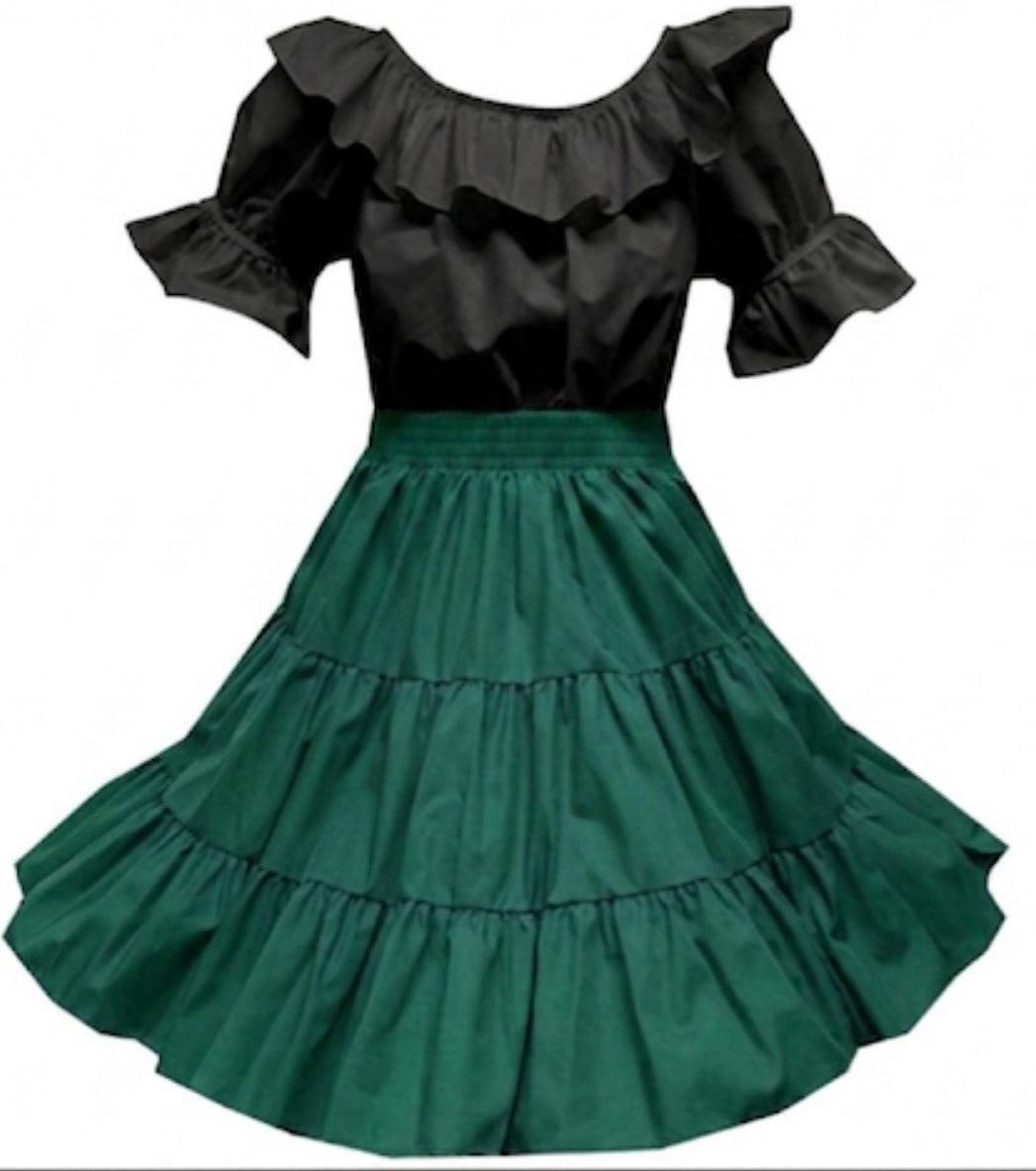 The Basic Square Dance Outfit w/Black Blouse by Square Up Fashions pairs a ruffled off-shoulder black top with a high-waisted, dark green 3-tiered skirt—an elegant staple for your wardrobe.