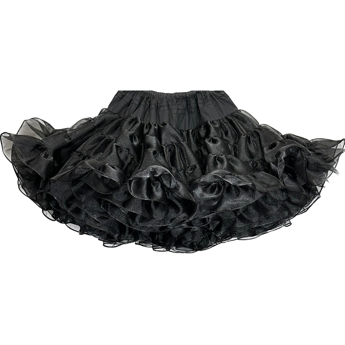 A black ruffled Crystal Petticoat on a white background made with Square Up Fashions fabric.