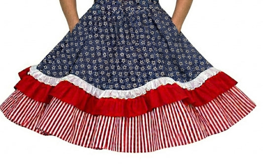 Celebrate U.S. independence in the Square Up Fashions Patriotic Spirit 250th Anniversary Skirt, featuring blue stars, white trim, a red ruffle, and red-and-white stripes—perfect for festive occasions!.