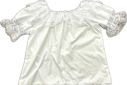 The Overall Lace Collar Blouse by Square Up Fashions is a white short-sleeve poly-cotton top, featuring delicate lace trim at the neckline and sleeves, shown laid flat on a white background.