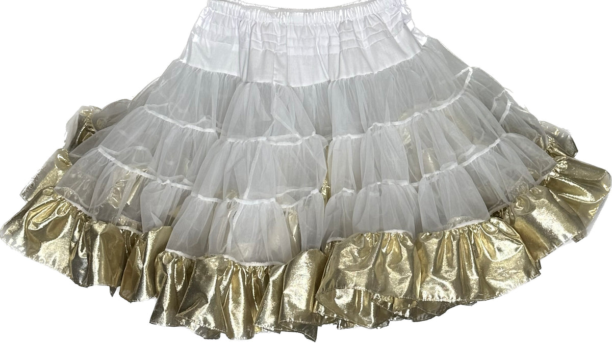 A white and gold Combo Metallic Petticoat with ruffles, perfect as a petticoat for a square dance outfit by Square Up Fashions.