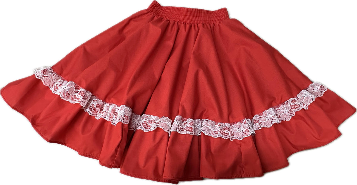 Square Up Fashions Childrens Circle Skirt with white lace trim on white background.