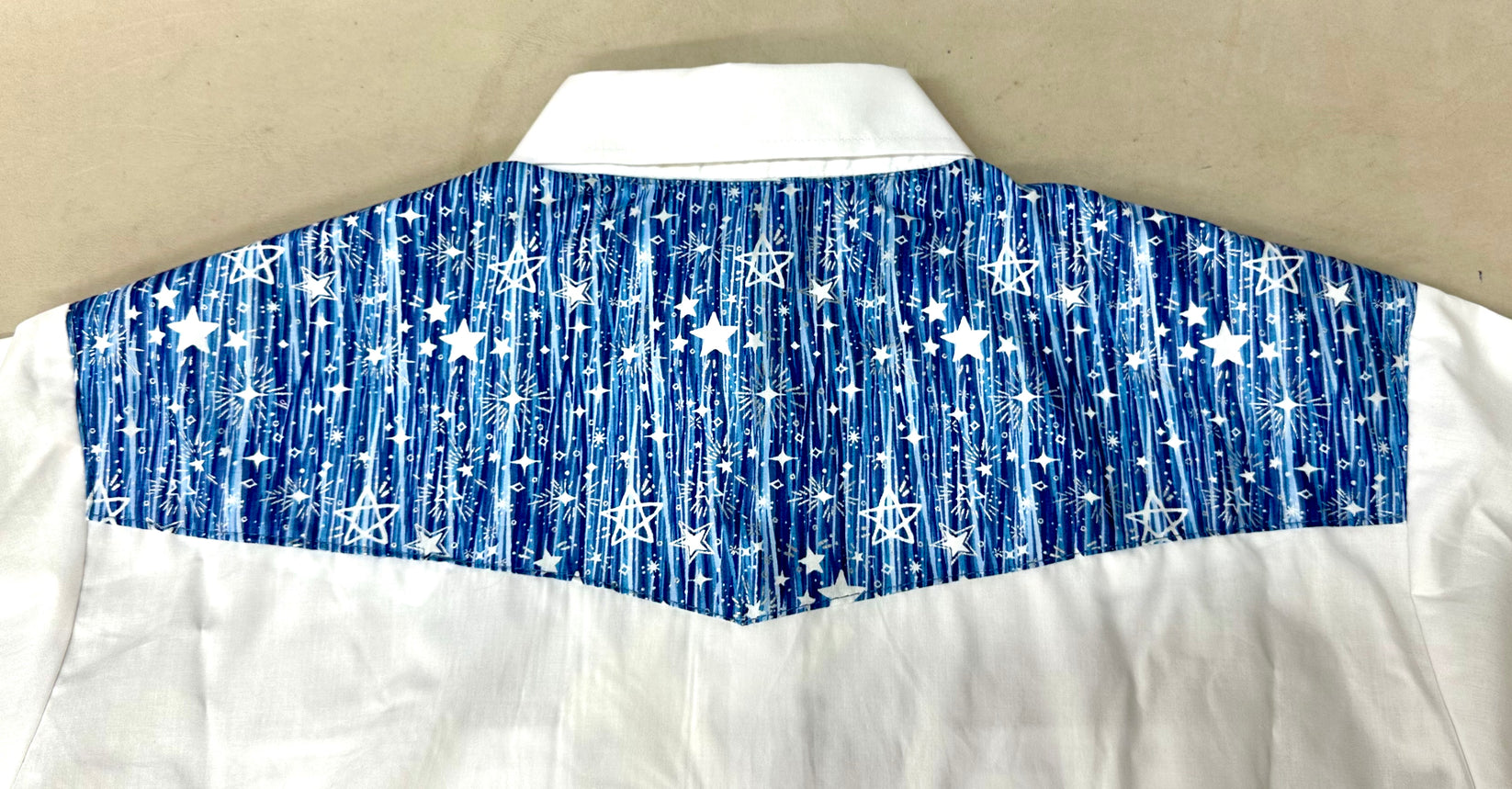 The MATCHING Print Yoke and/or Cuffs by Ely Shirts add a bold look with blue stars and stripes print, crafted from 100% cotton.