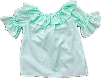 The Square Up Fashions Scoop Neck Blouse features a light green color, wide ruffled neckline, split ruffle collar, and short ruffled sleeves, shown laid flat on a white background.