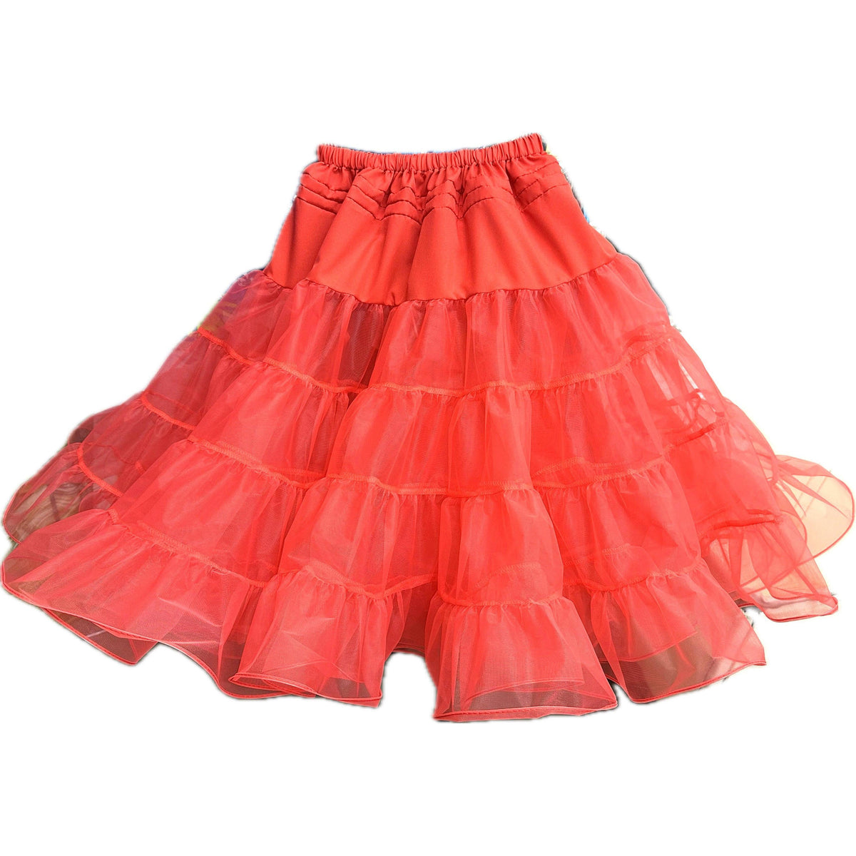 The Square Up Fashions Organdy Stiff Petticoat is a coral pink, double-layered tiered tulle petticoat with an elastic waistband, designed to add volume under skirts or dresses.