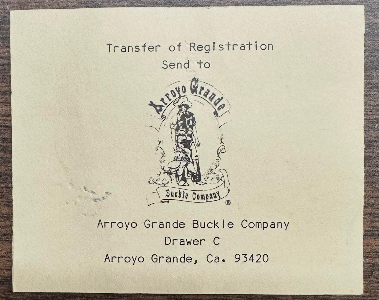 A printed card directs transfer of registration to Square Up Fashions, Drawer C, Arroyo Grande, CA 93420. The logo features a person and banner, perfect for the 1988 Anaheim Square Dance Buckle w/ instruments.