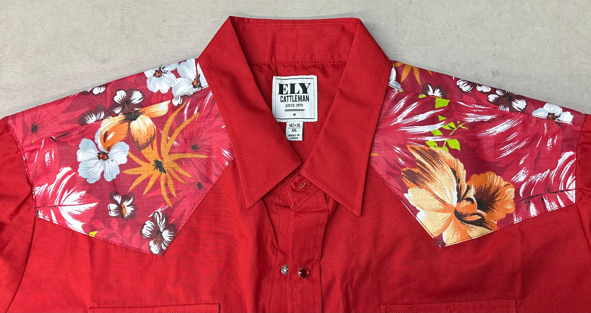 A red MATCHING Print Yoke and/or Cuffs Ely Shirts shirt with floral print.