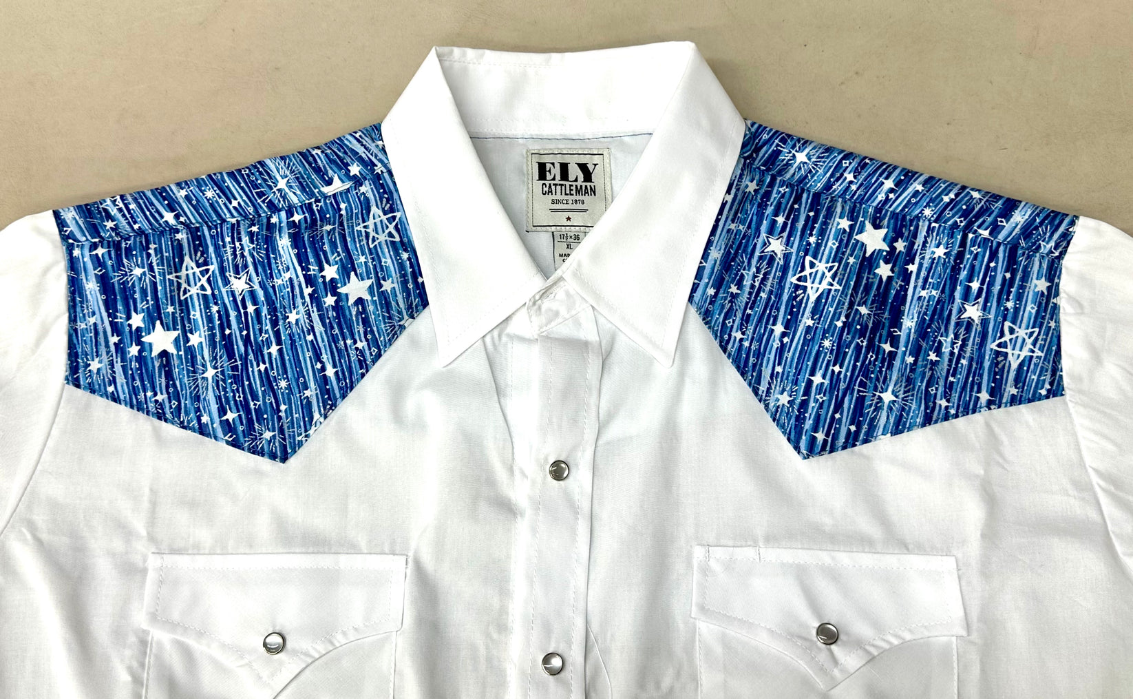 MATCHING Print Yoke and/or Cuffs (shirt NOT included) by Ely Shirts. Blue yoke with white star print, perfect for updating your western-style look. Brand label inside collar. 100% cotton ensures all-day comfort.