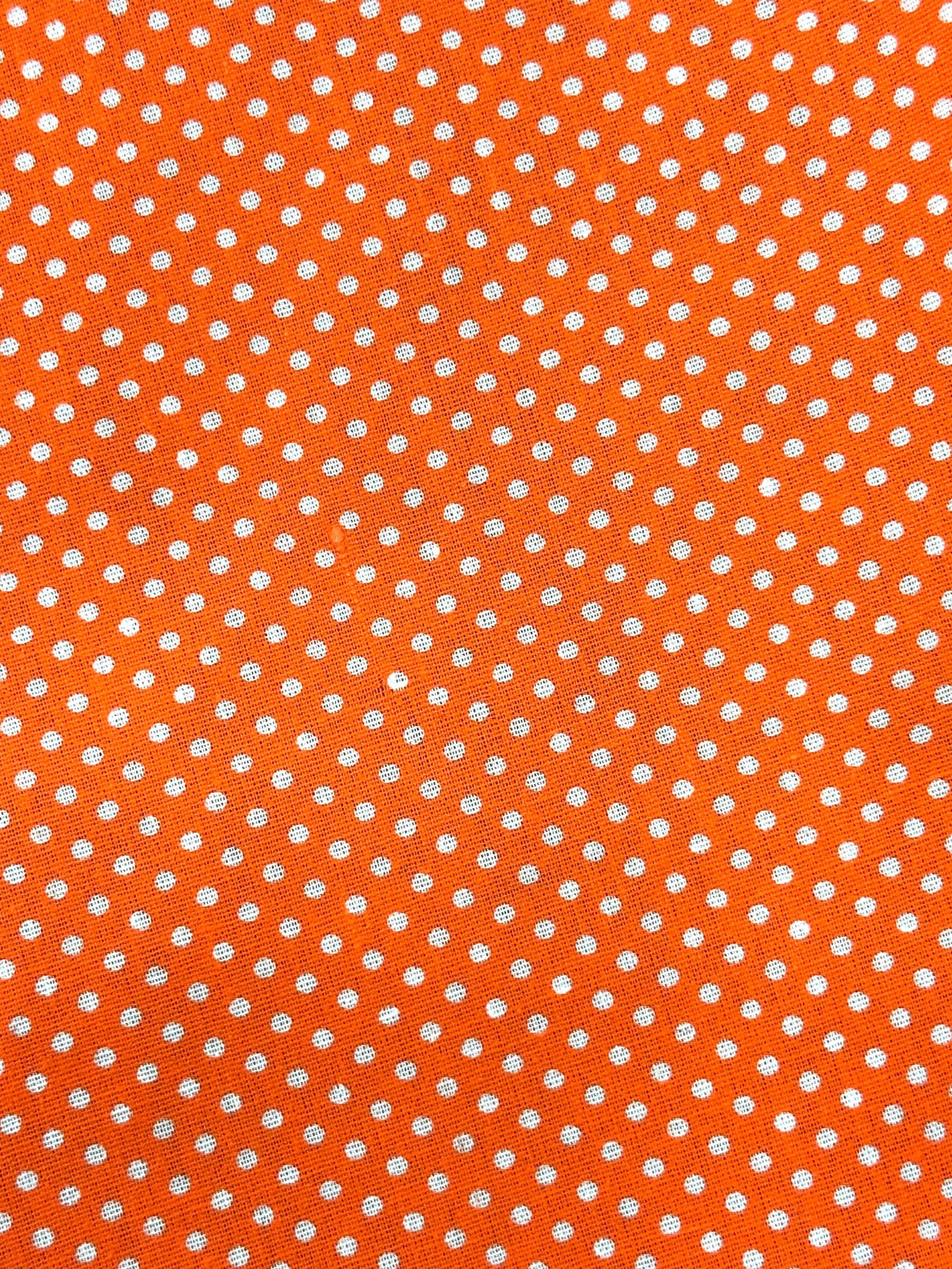 The CLEARANCE Polka Dot Scarf Ties by Square Up Fashions feature vibrant orange fabric with evenly spaced small white polka dots, ideal for adding a classic touch to your style.