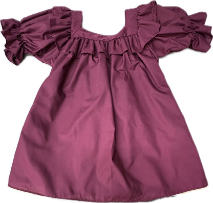 The Square Neck Blouse by Square Up Fashions features short sleeves, ruffled knee-length design, a charming square neckline, and gathered detailing on the sleeves and chest.