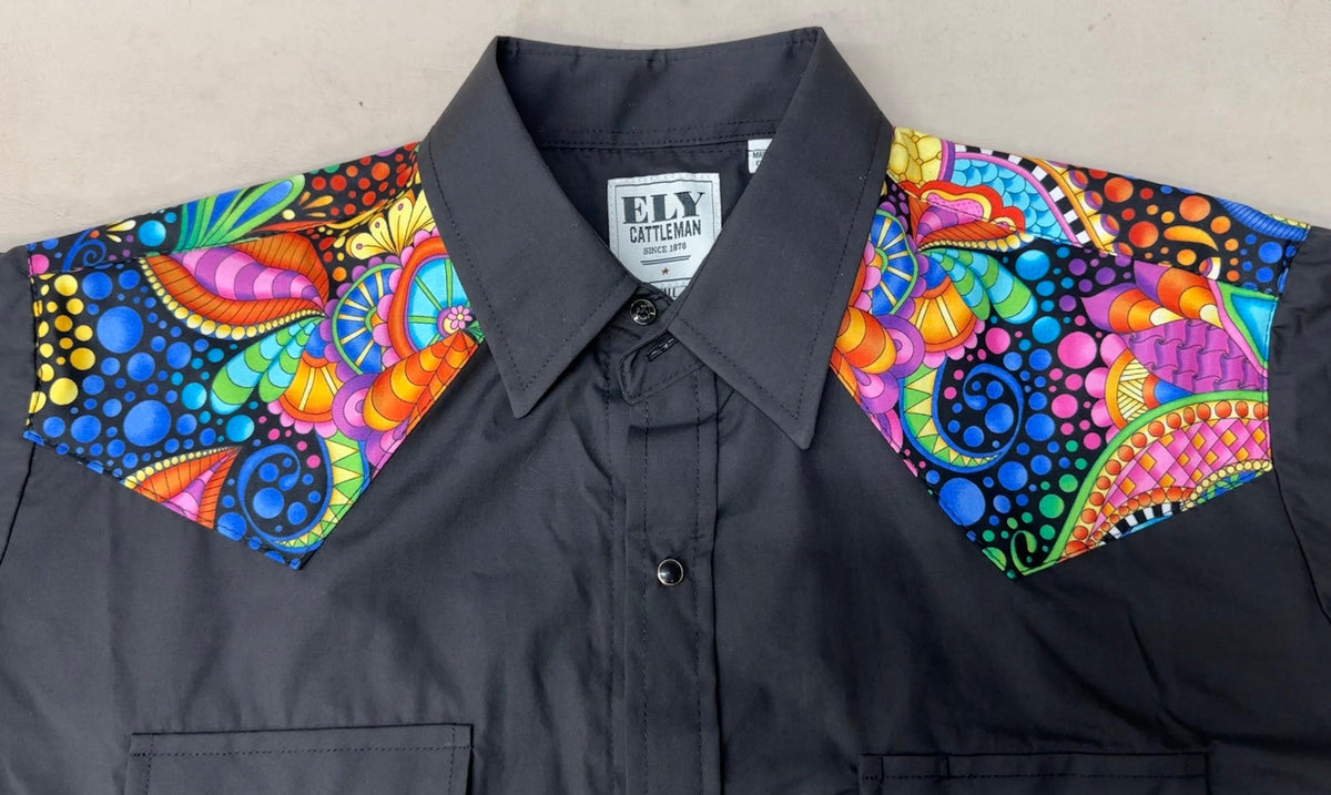 A Ely Shirts black shirt with MATCHING Print Yoke and/or Cuffs designs.
