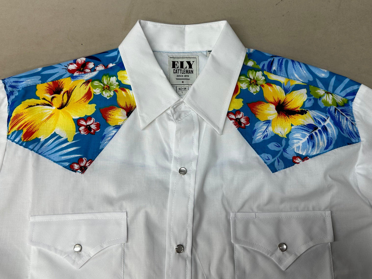 A white shirt with a Ely Shirts MATCHING Print Yoke and/or Cuffs.