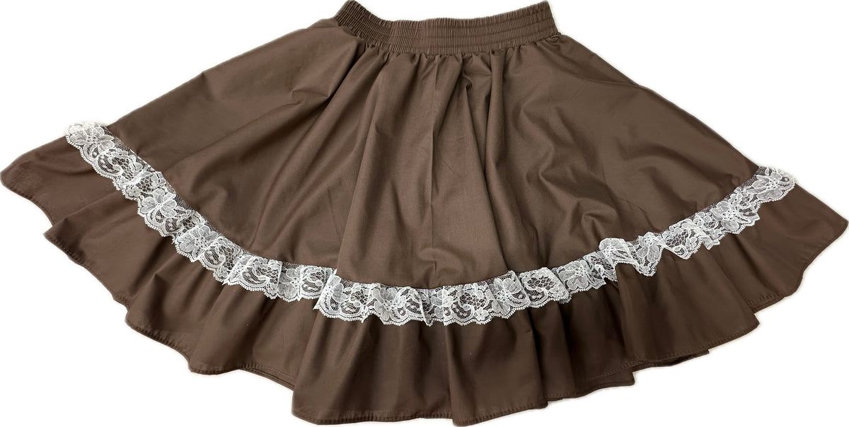 Brown Childrens Circle Skirt with white lace trim on a white background by Square Up Fashions.
