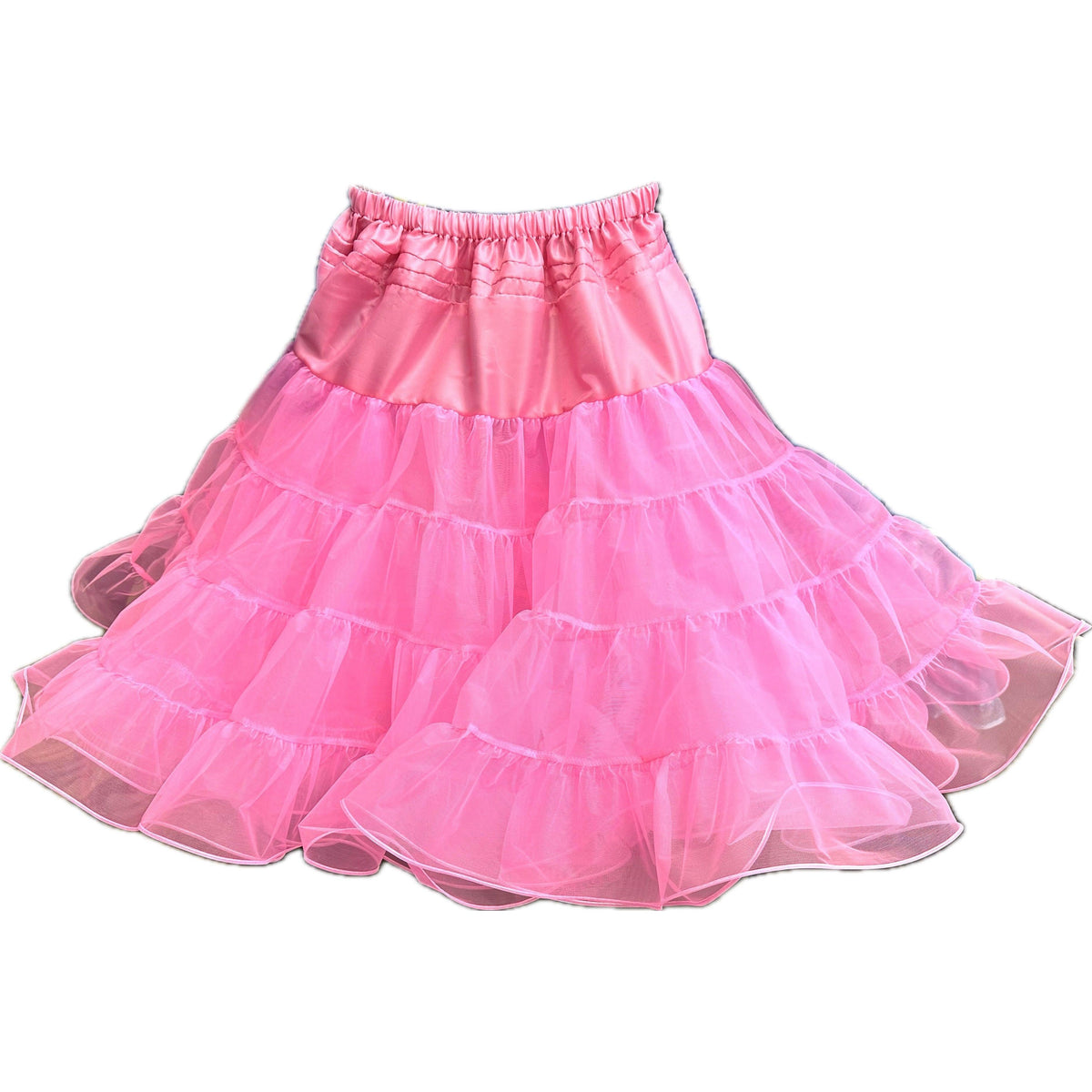 The Organdy Stiff Petticoat by Square Up Fashions features pink, multi-layered ruffled tulle and a satin waistband—an adjustable petticoat ideal for wearing under skirts and dresses.