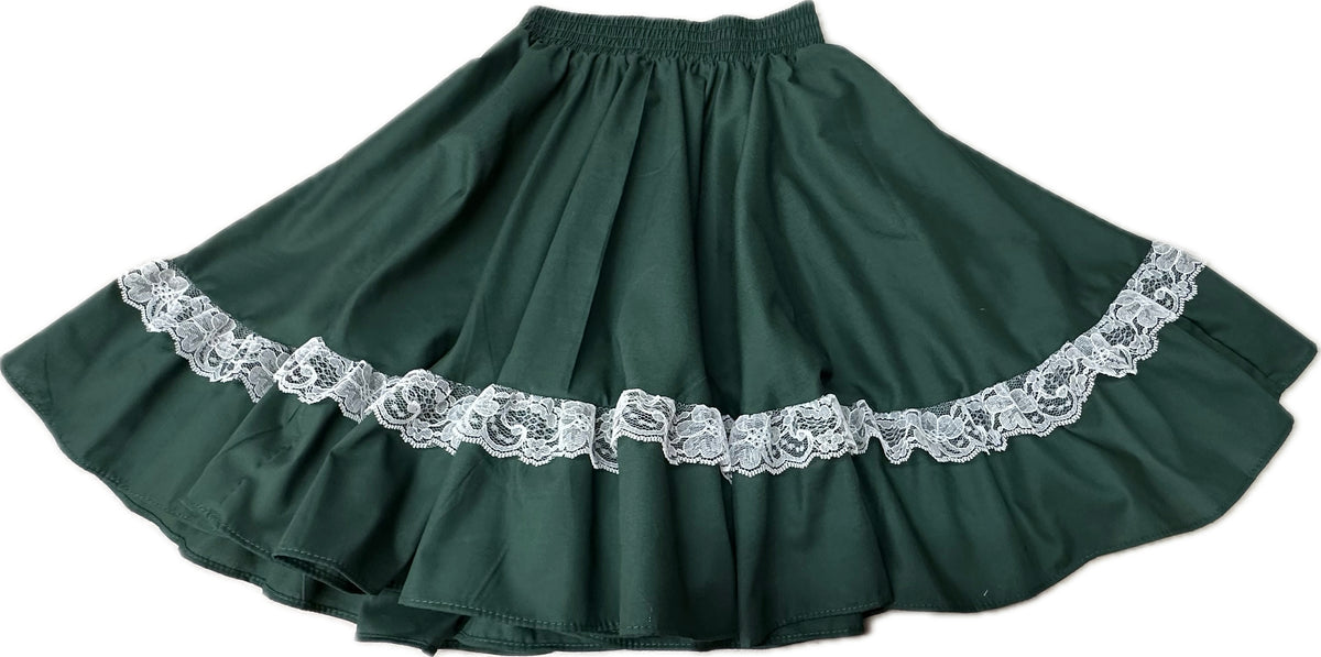A Childrens Circle Skirt from Square Up Fashions with a decorative white lace trim on a waist-high white background.