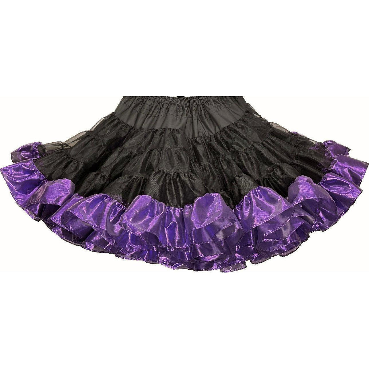 The Square Up Fashions Combo Metallic Petticoat (60 yard) features black layers, shiny purple metallic trim, and tissue lame fabric—perfect for making your square dance outfit stand out.