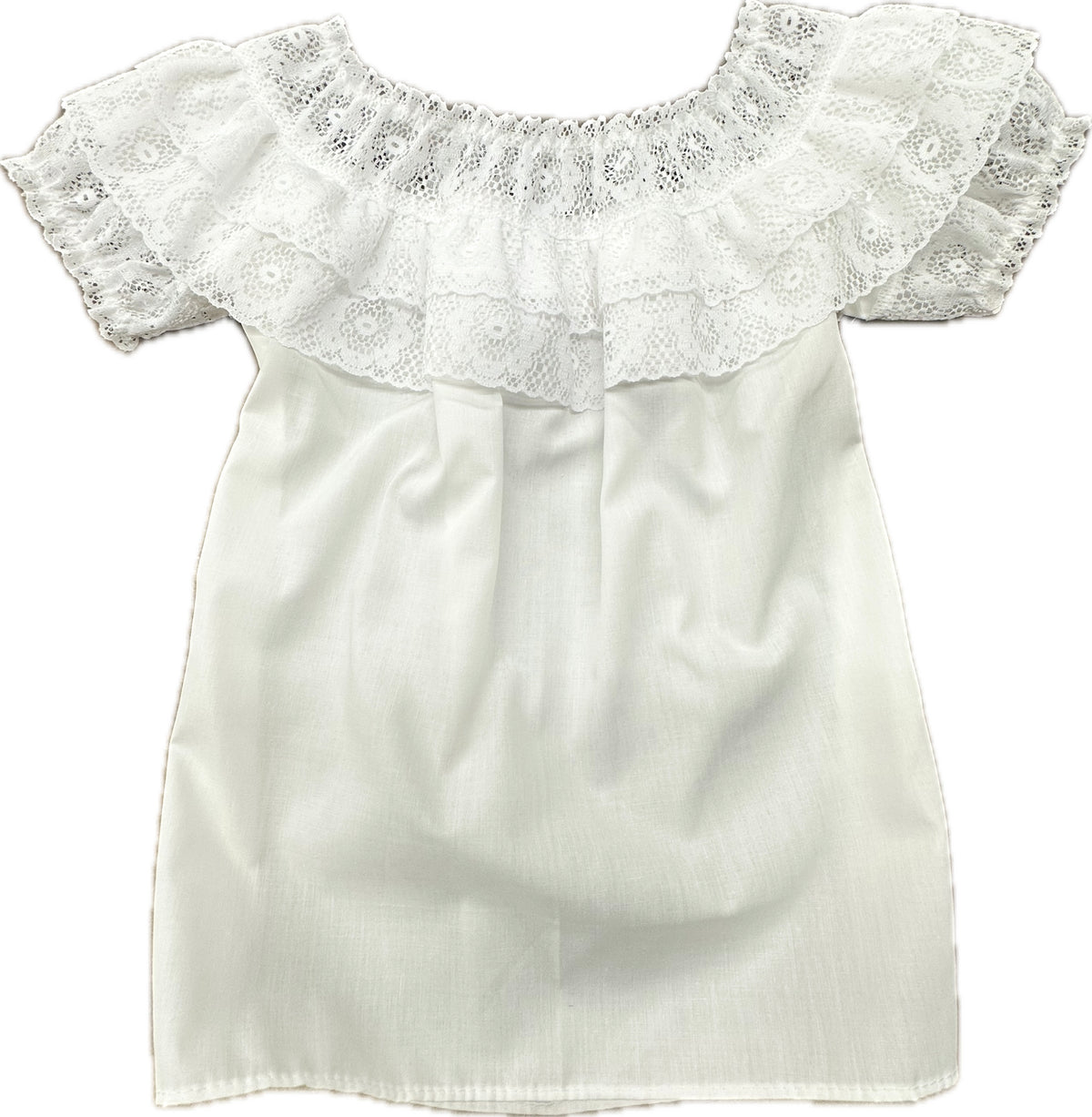 The Childrens Round Neck Lace Blouse by Square Up Fashions features short sleeves and a wide lace ruffle around the neckline and shoulders. Its lightweight, slightly textured fabric evokes the charm of a classic lace blouse.
