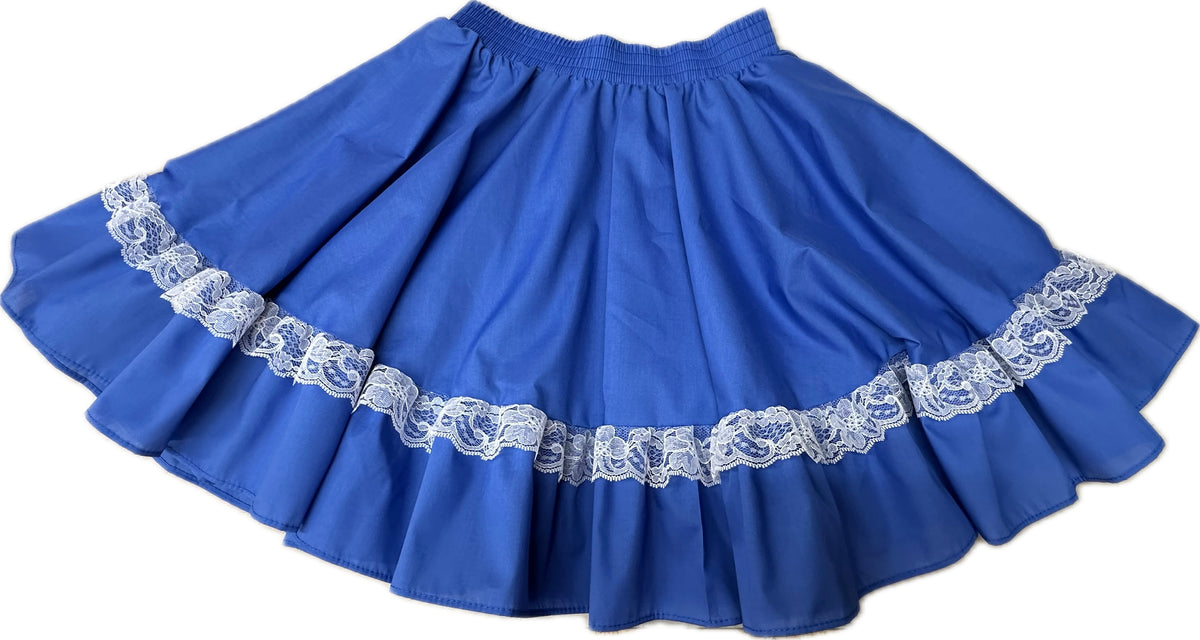 Blue Childrens Circle Skirt with white lace trim on white background by Square Up Fashions.