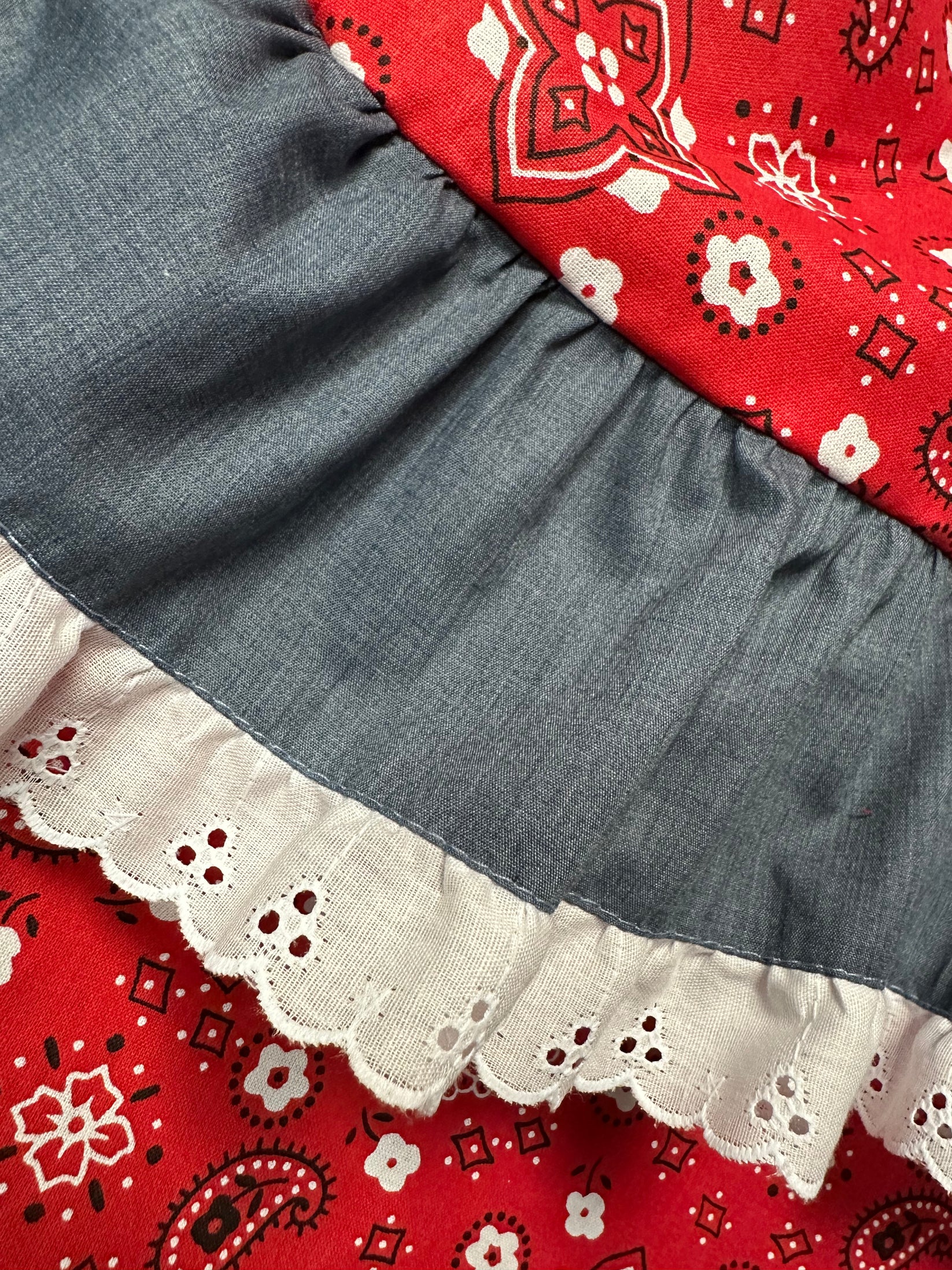 Close-up of fabric layers from the Country Square Dance Skirt by Square Up Fashions, featuring red bandana print, blue denim-look strip, and white eyelet lace ruffle—ideal for a western or country-inspired outfit.