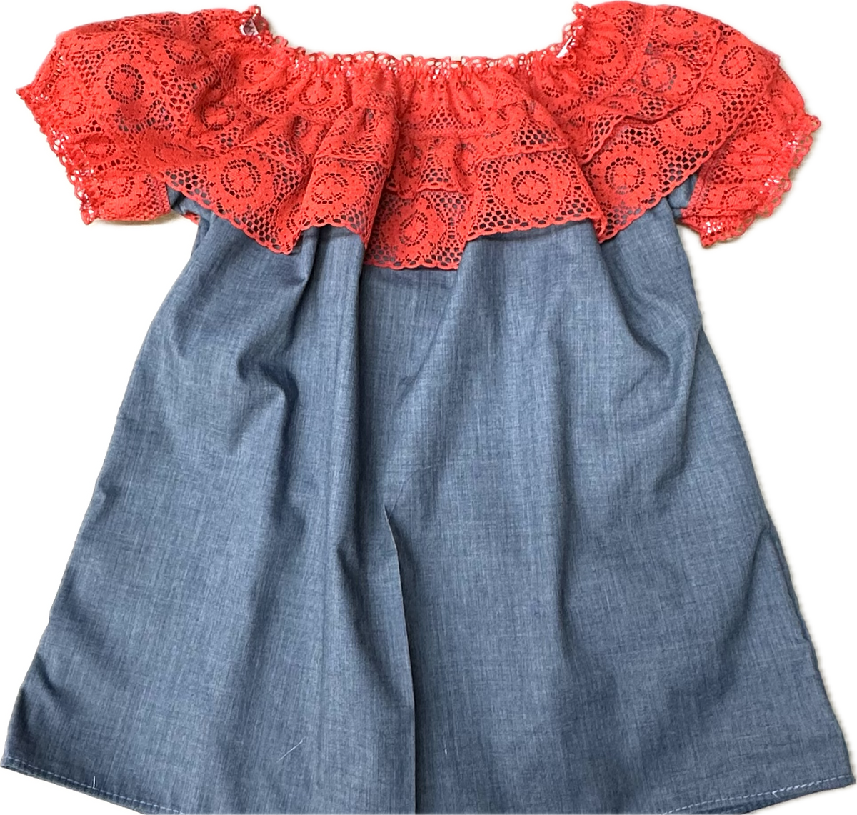 The Square Up Fashions Childrens Round Neck Lace Blouse features a bright red lace top and a blue denim-like skirt, with short sleeves and an off-the-shoulder design.