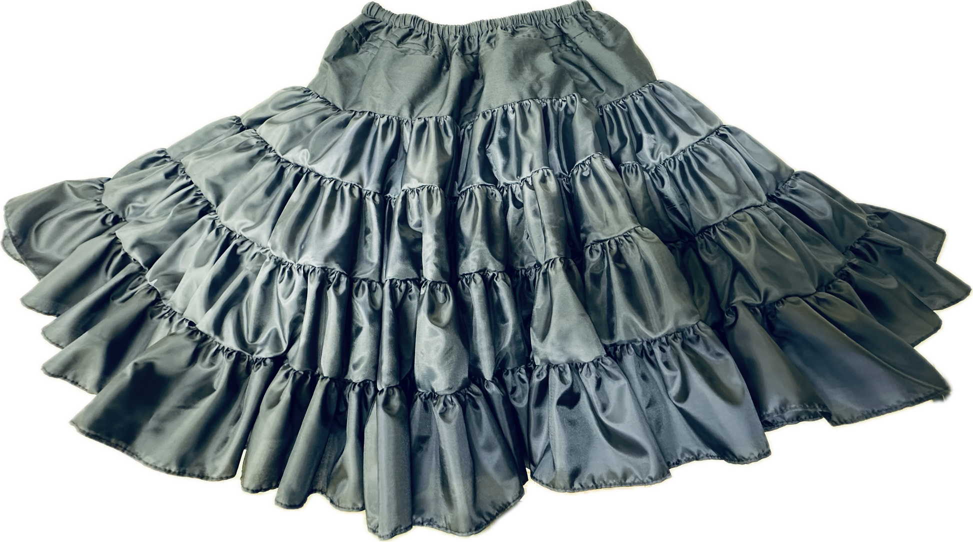 The Square Up Fashions Soft Poly-Liner Petticoat, in black with multi-layered ruffles and an elastic waistband, is ideal for square dancing or layering, shown flat on a white background.